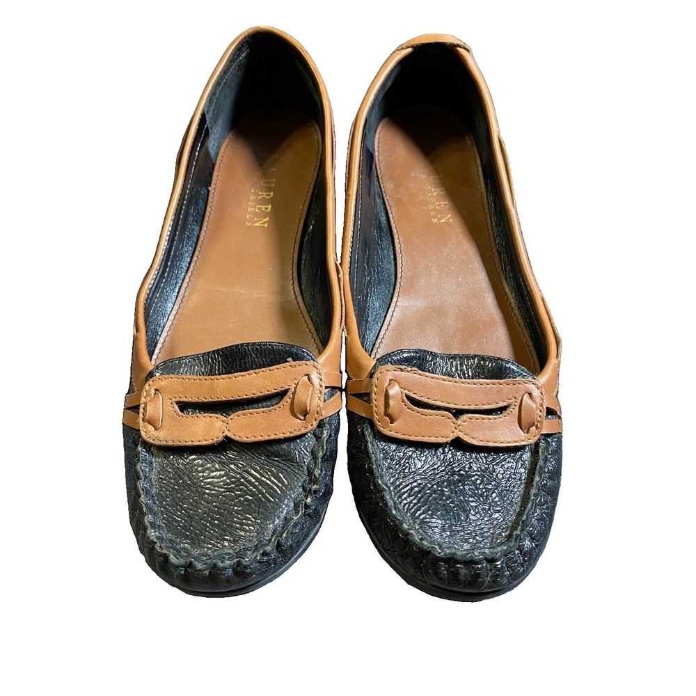 Lauren Ralph Lauren Delfina Black Leather Driving Loafers Tan Trim Shoes 7M